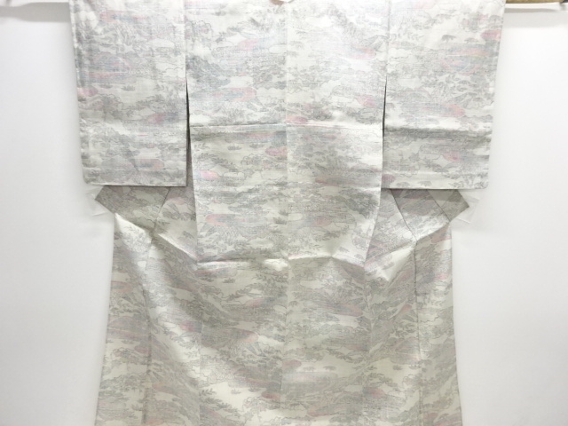 未使用品　網干に草花模様織り出し手織り真綿小千谷紬単衣着物